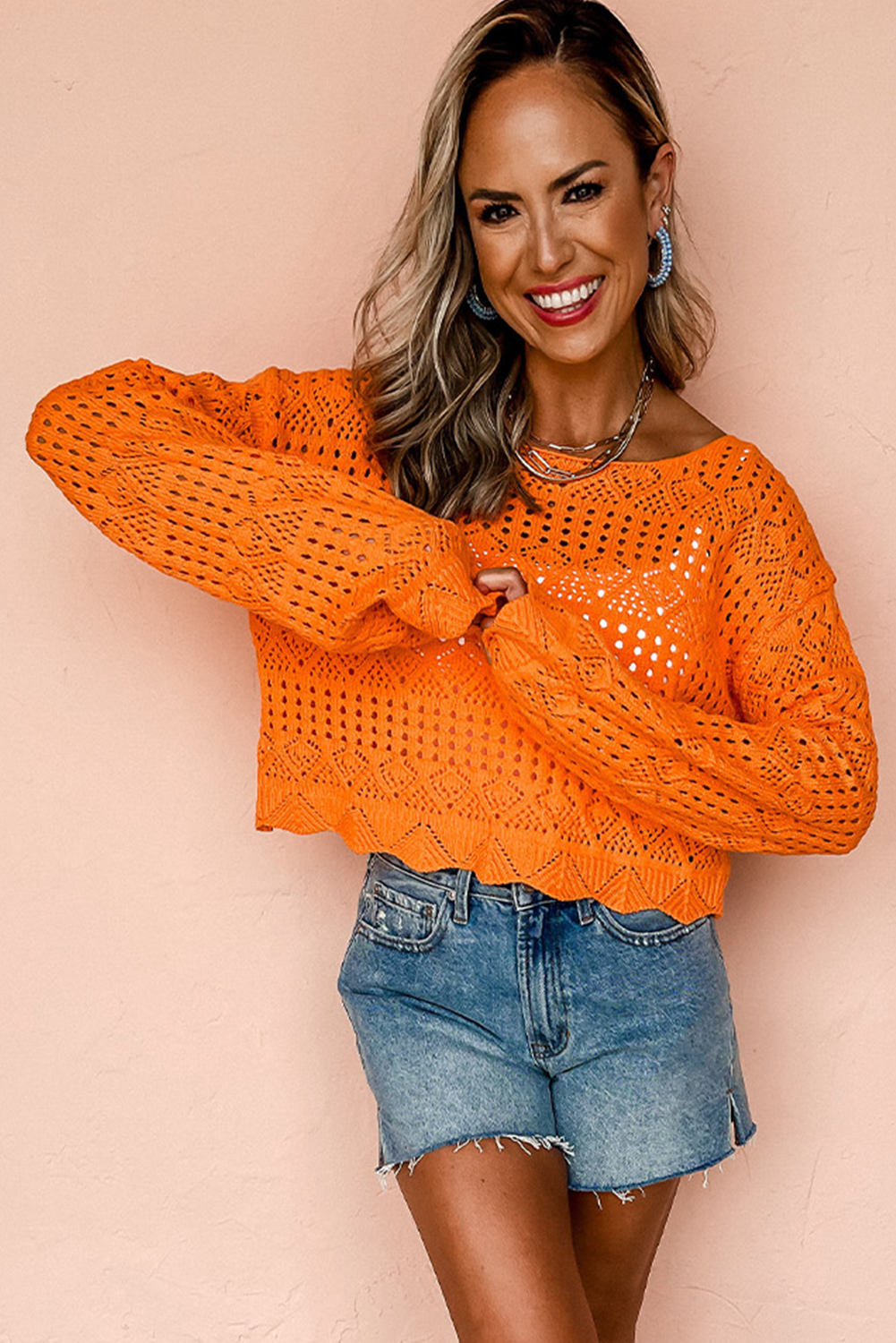 Carrot Solid Color Crochet Scallop Edge Sweater