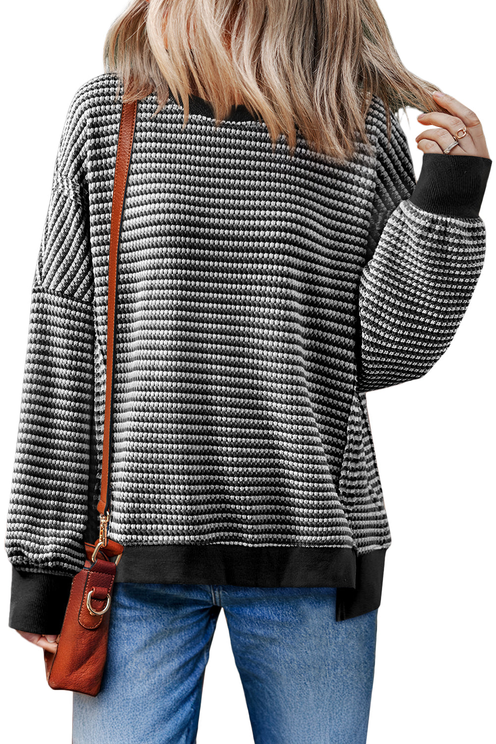 Black Stripe Ribbed Trim Drop Shoulder Long Sleeve Oversized Top