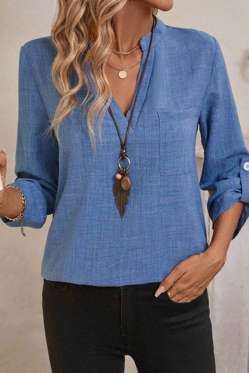 Ashleigh Blue Chest Pocket V Neck Plain Roll-up Sleeve Blouse