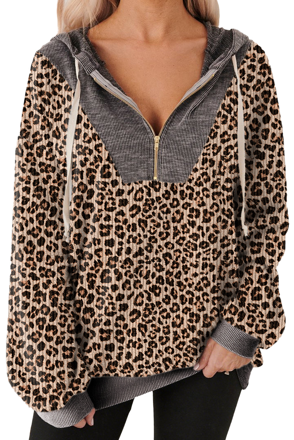 Khaki Ribbed Leopard Print Patchwork Collar Zip Hoodie