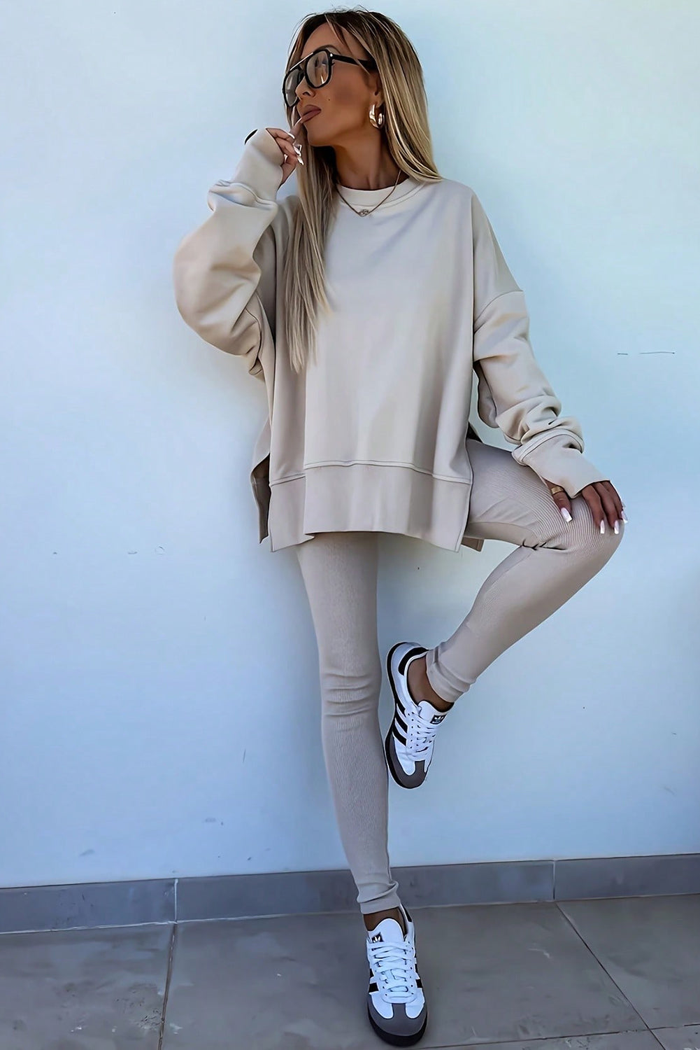 Jet Stream Solid Color Oversize Slit Sweatshirt Ribbed Leggings Set