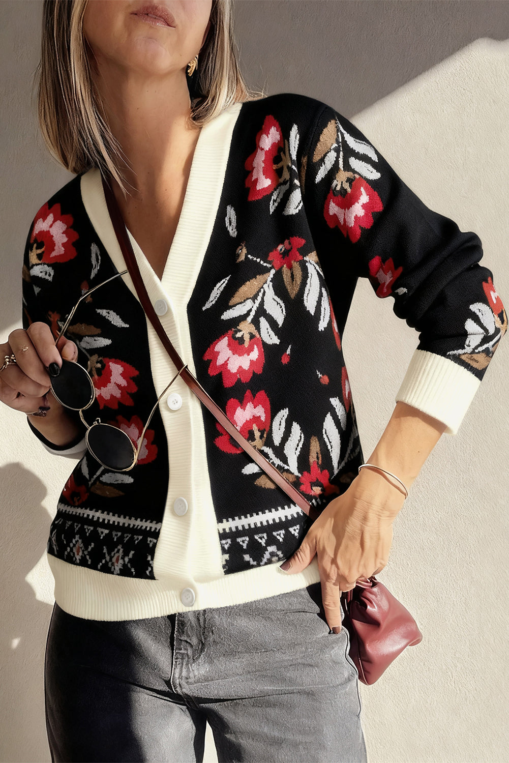 Beige Floral Print Button Front V Neck Contrast Trim Cardigan