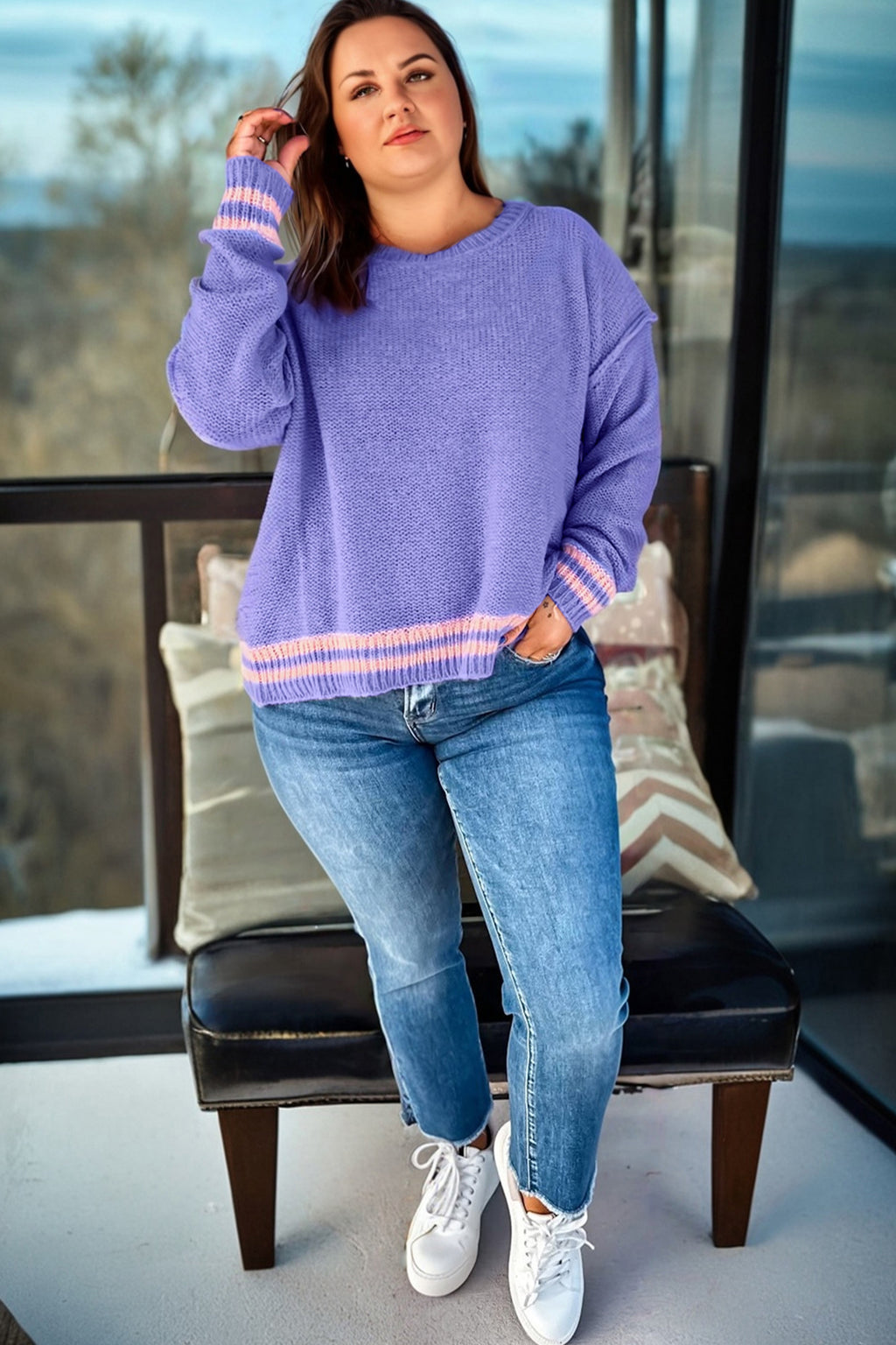 Suéter holgado de punto con hombros caídos y ribete a rayas de talla grande de Wisteria