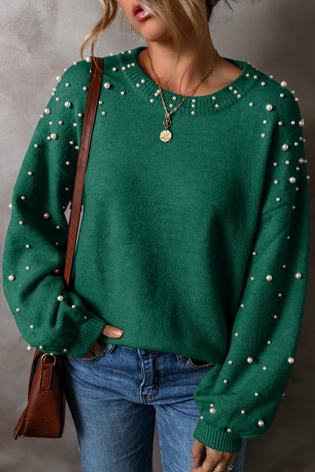 Black Pearl Drop Shoulder Round Neck Sweater