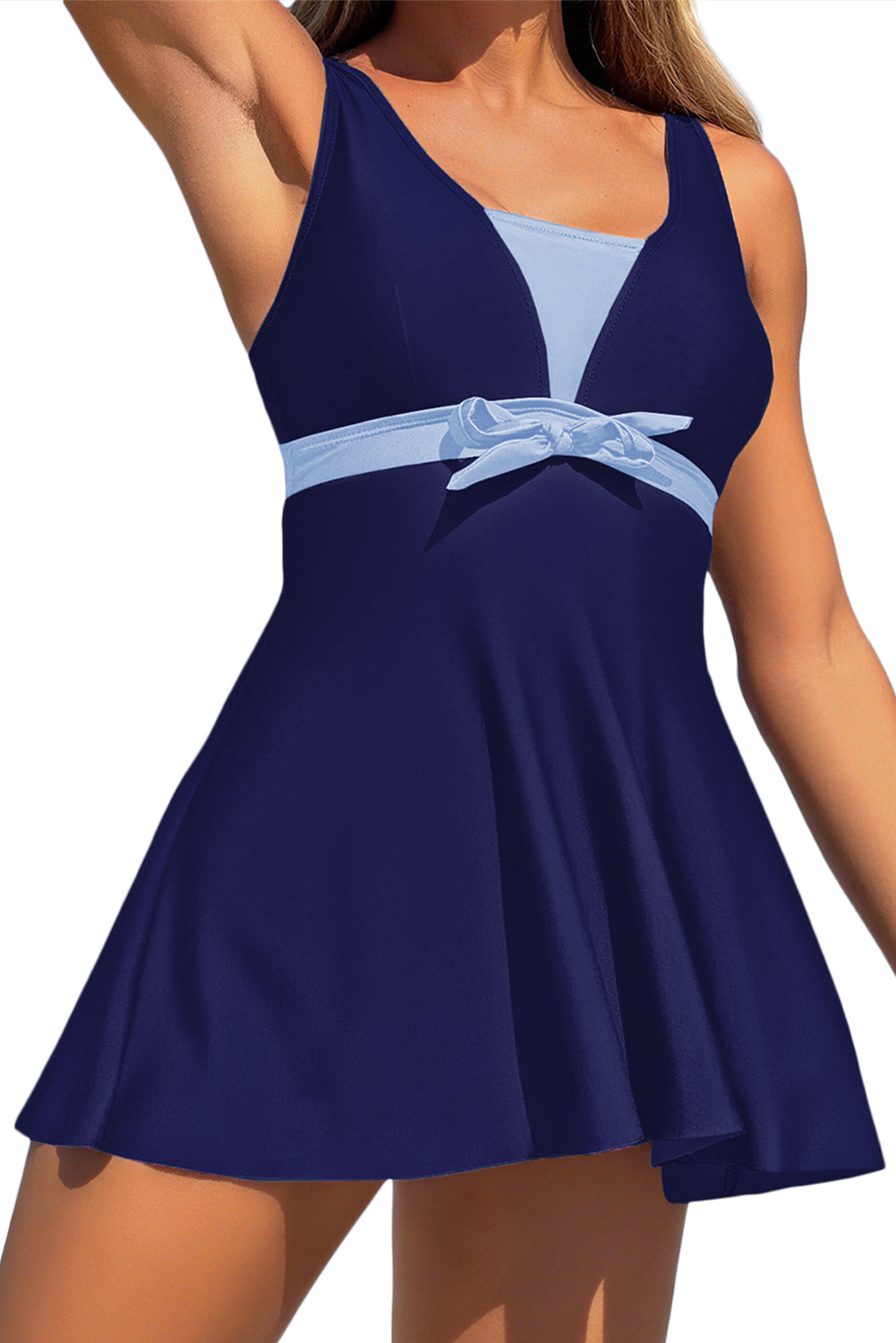 Blue Floral Print Patchwork Bow Knot Detail Sleeveless Swim Dress
