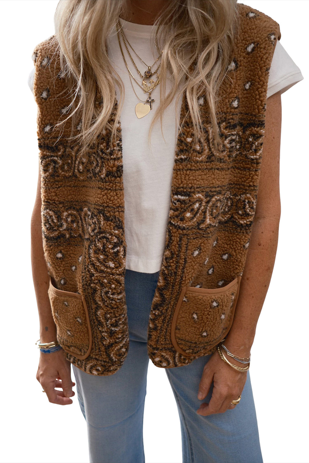 Brown Sherpa Paisley Print Pocketed Western Fashion Vest Jacket