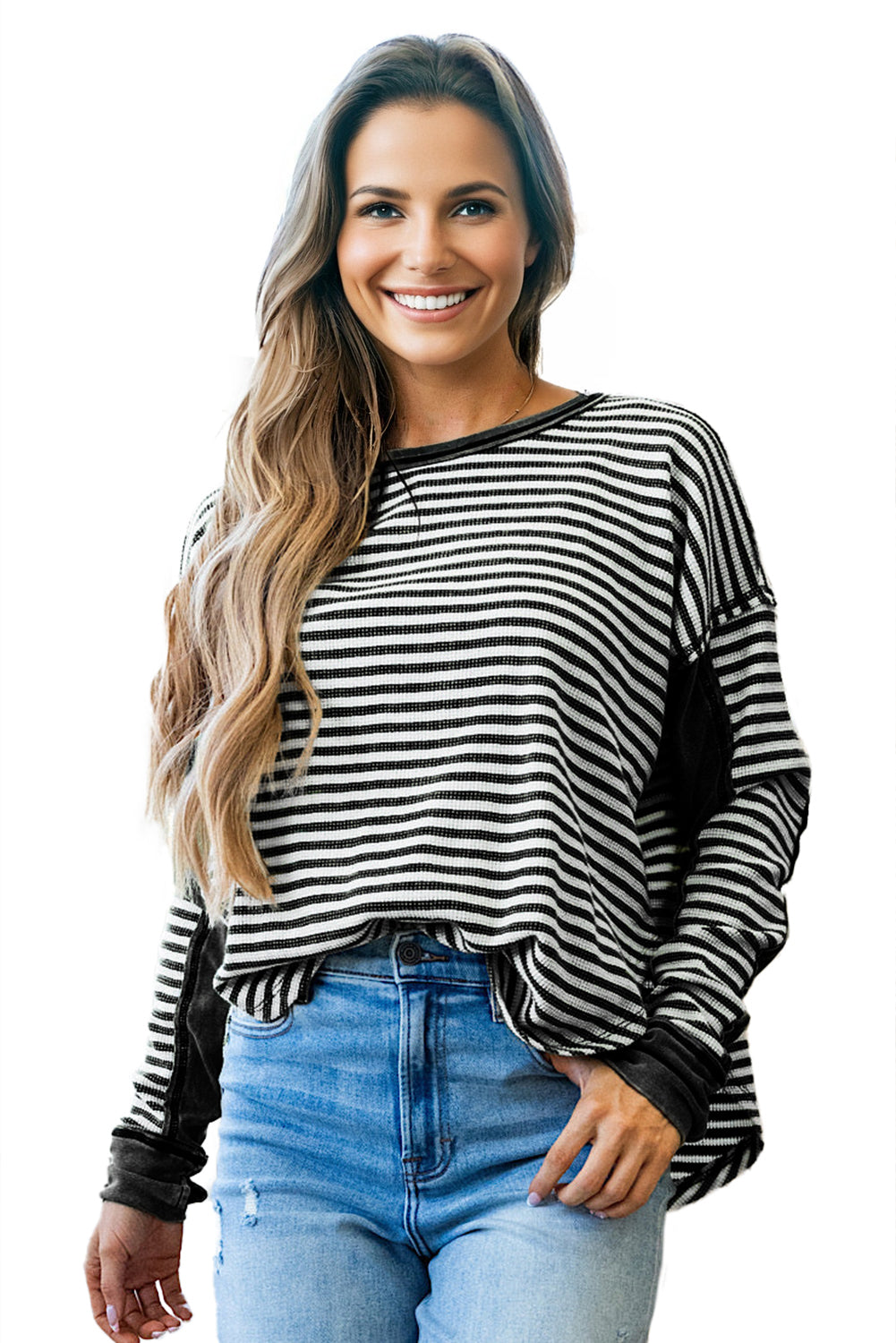 Black Stripe Patchwork Drop Shoulder Round Neck Top