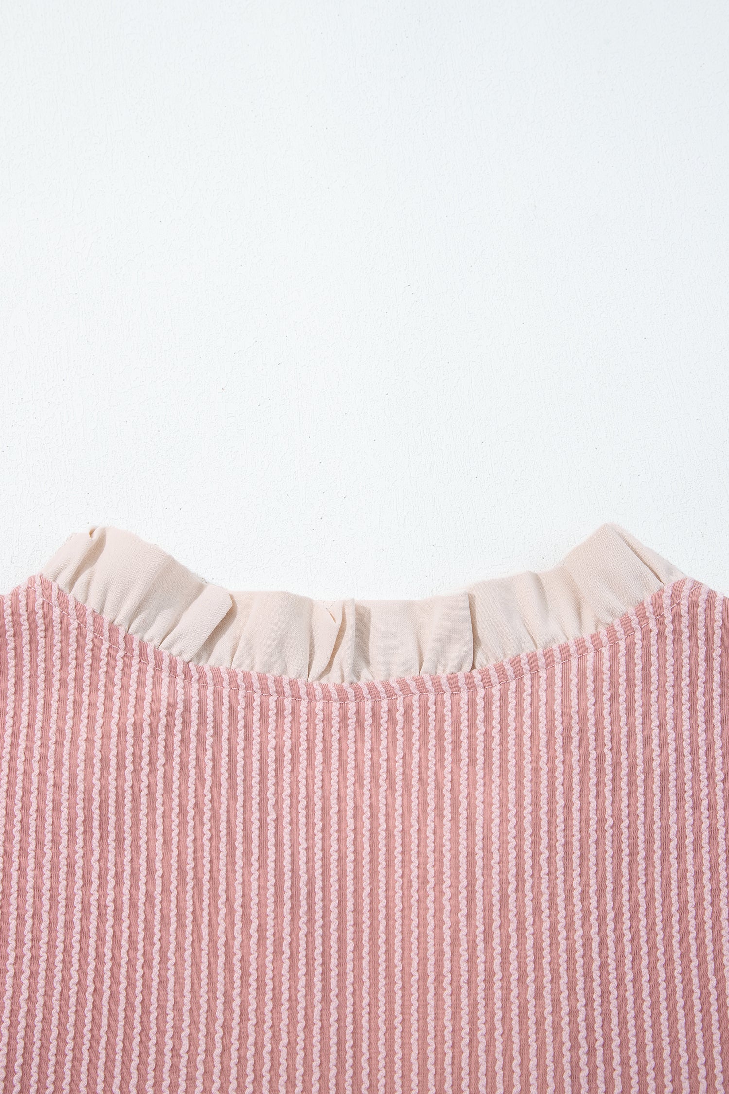 Fushia Plus Size Contrast Frilled Neckline Ruffled Short Sleeve Ribbed Textured Blouse