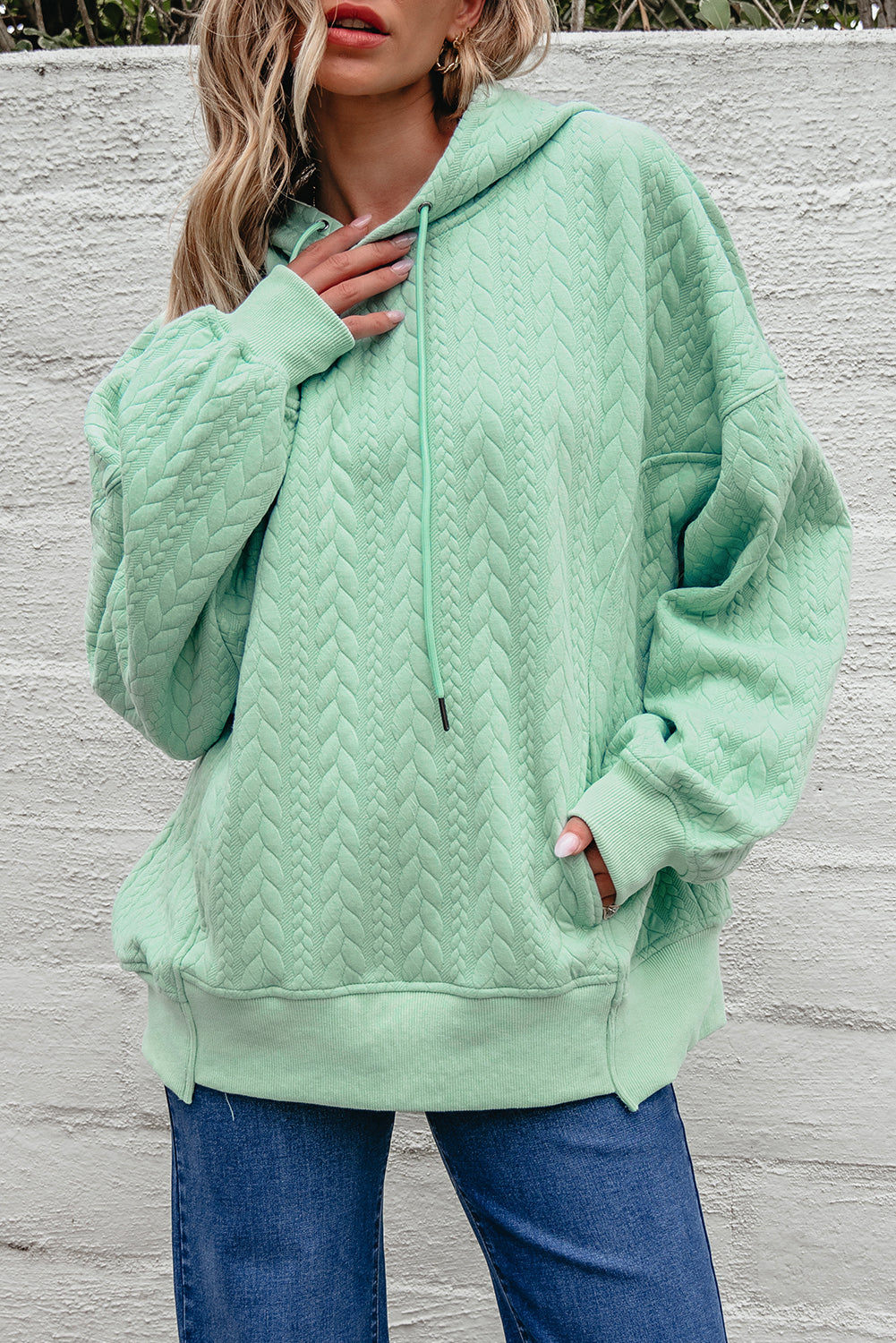 Moonlight Jade Cable Textured Baggy Solid Hoodie