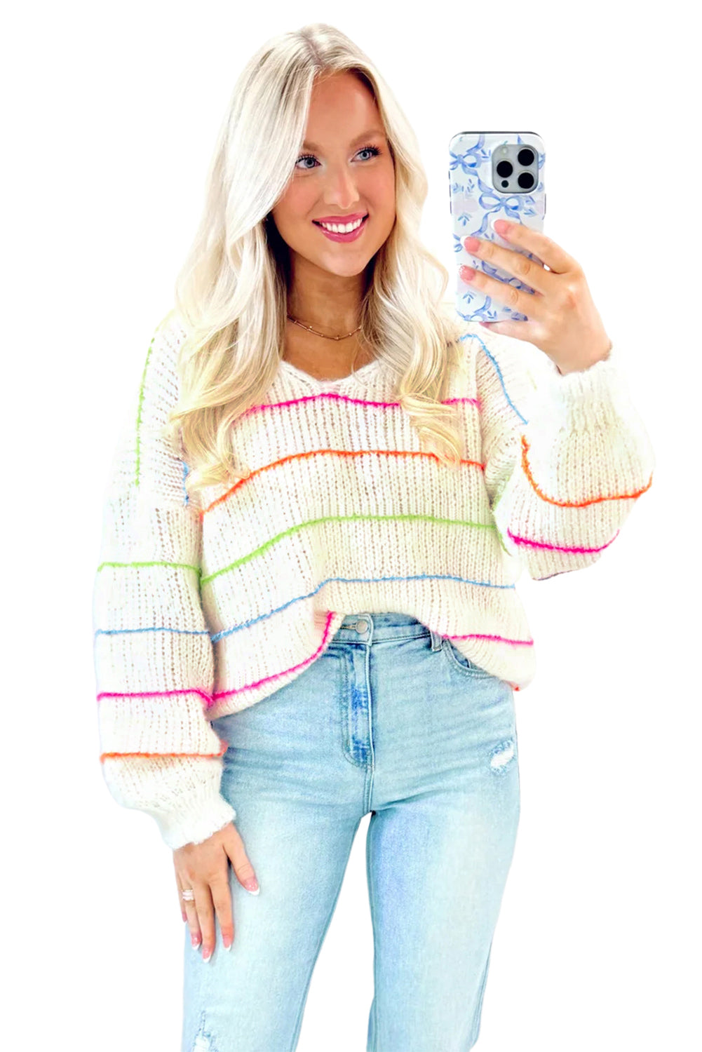 White Striped V Neck Drop Sleeve Sweater