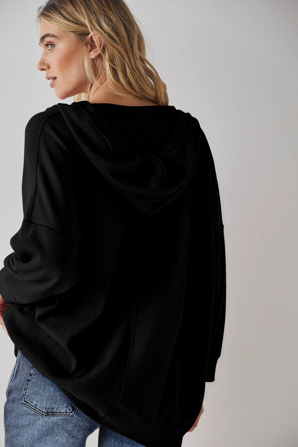 Black Oversize Waffle Drop Shoulder Exposed Seam V Neck Hoodie