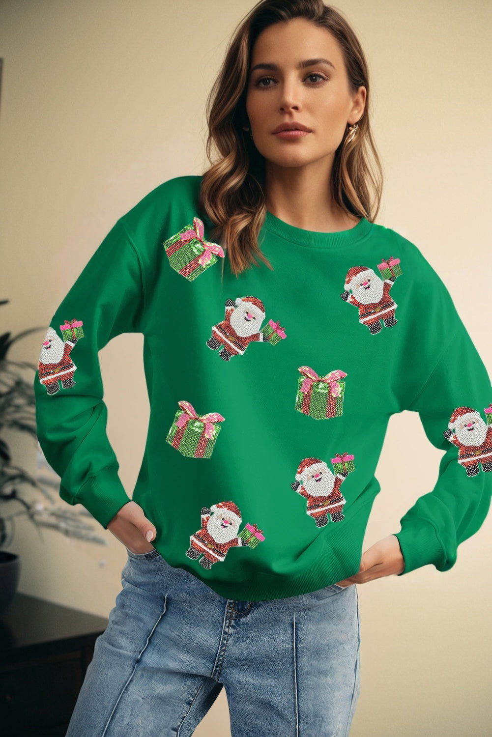Dark Green Santa Delivering Gifts Christmas Sequin Graphic Sweatshirt
