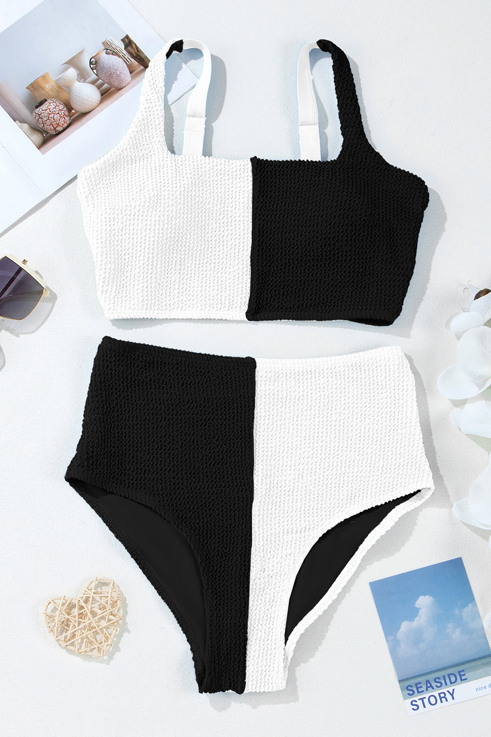 Black Corded Solid Square Neck Bikini Swimsuit