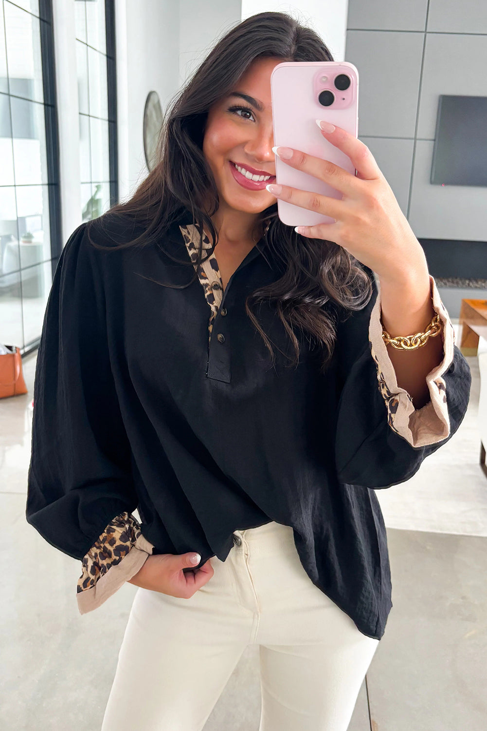 Black Leopard Contrast V Neck Long Sleeve Blouse