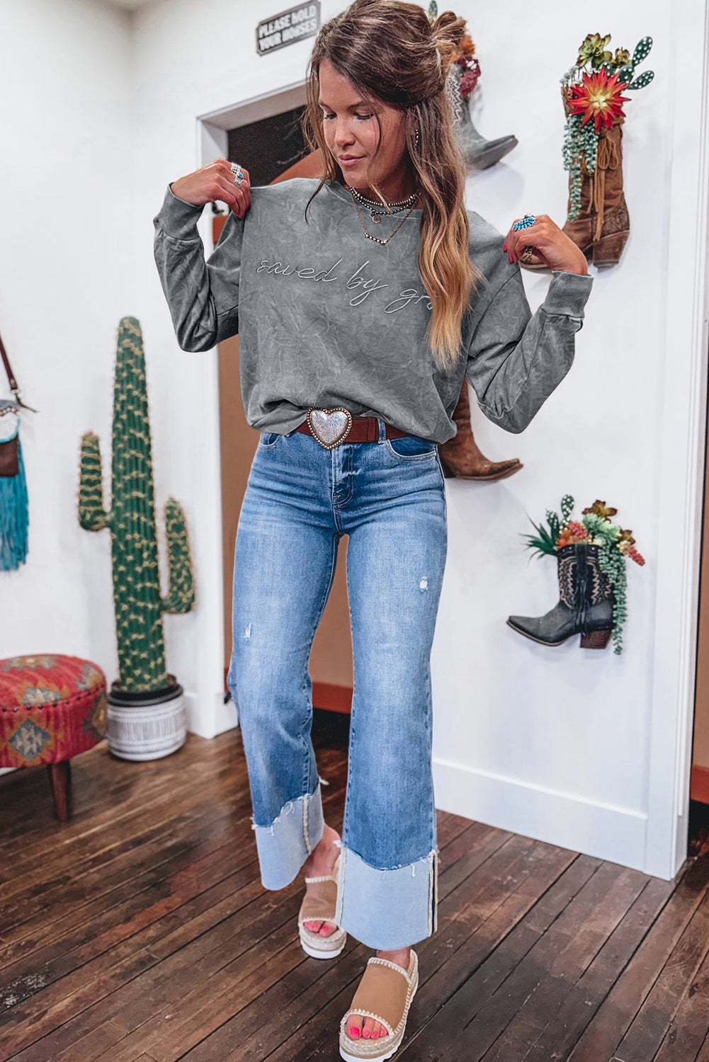 Dune saved by grace Letter Embroidery Mineral Wash Loose Sweatshirt