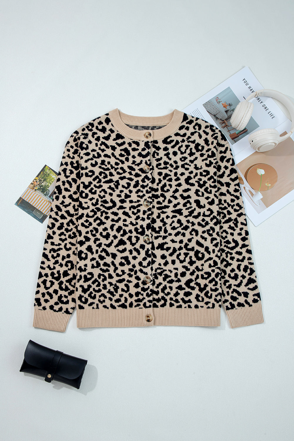 Khaki Leopard Drop Shoulder Knitted Cardigan
