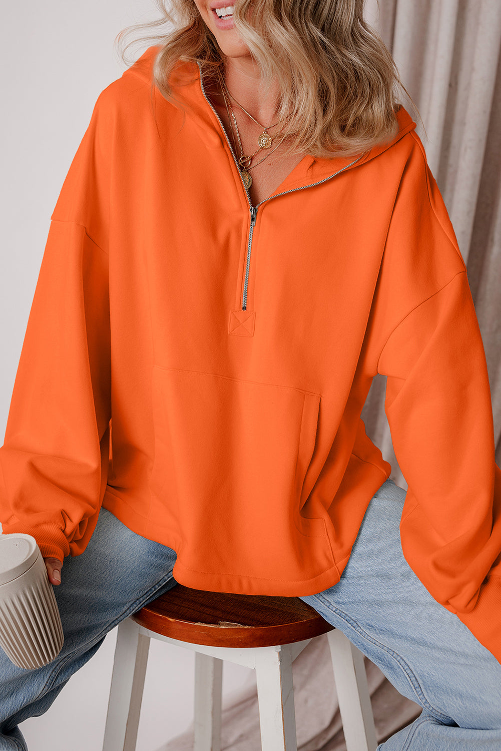 Orange Half Zipper Kangaroo Pockets Drop Shoulder Hoodie