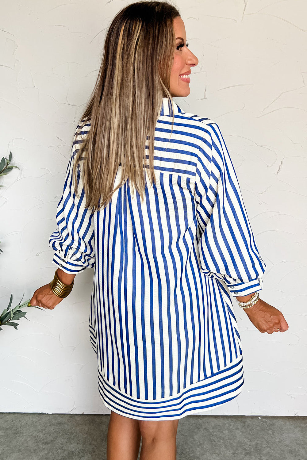 Blue Striped Collared Half Button Side Pockets Loose Fit Mini Dress