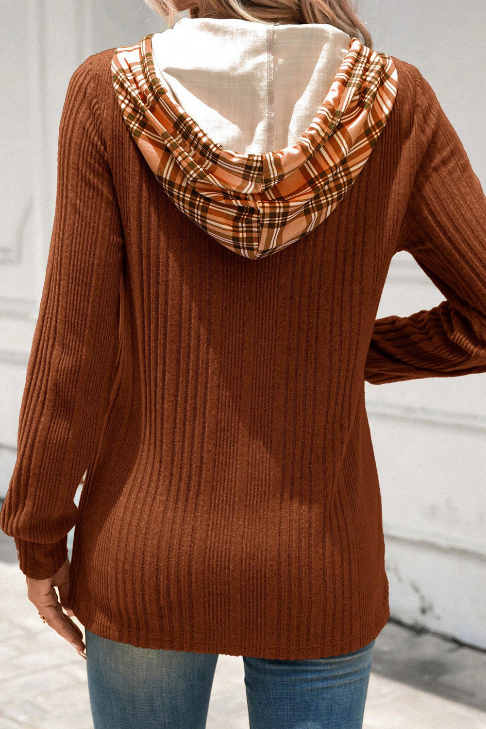 Chestnut Plaid Patchwork Ribbed Knit Drawstring Hooded Top
