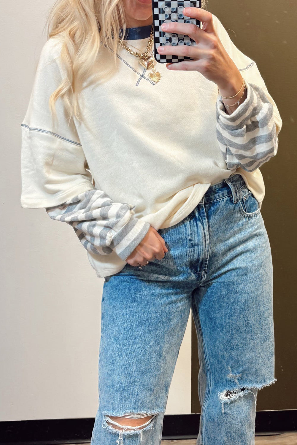 Beige Striped Patchwork Two-in-one Long Sleeve Top