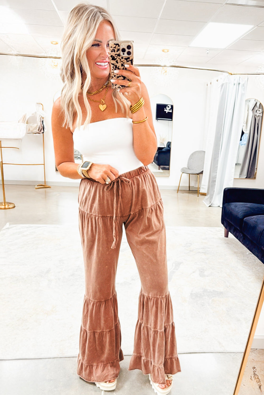 Straw Yellow Mineral Wash Lace-up High Waist Tiered Flared Pants