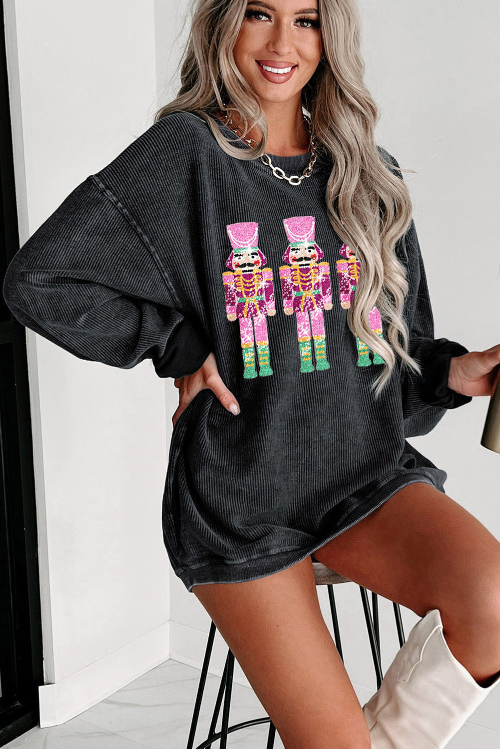 Black Nutcracker Graphic Sequins Patch Mineral Wash Corded Sweatshirt