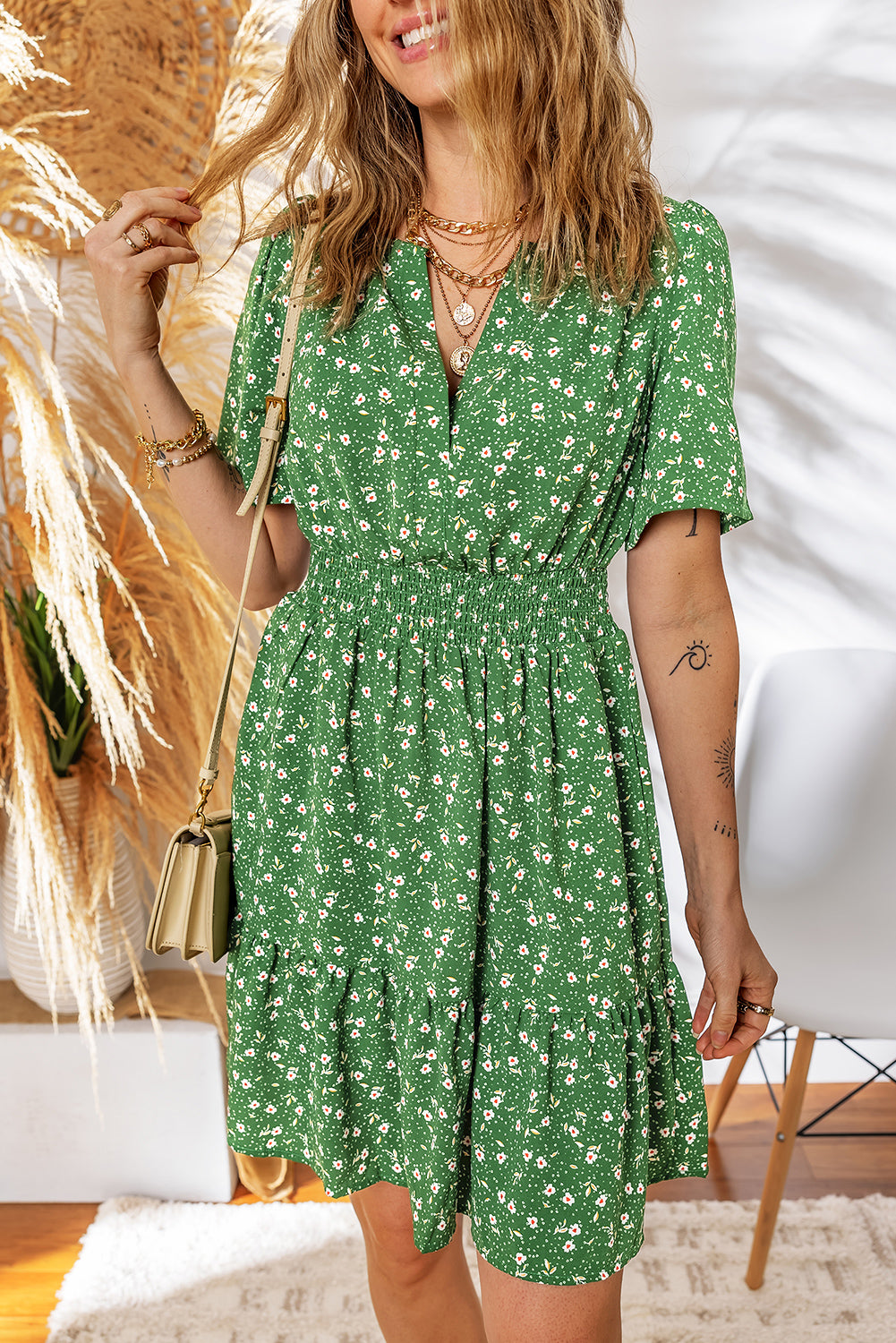 Green Floral Print Wrap V Neck Short Sleeve High Waistband Mini Dress