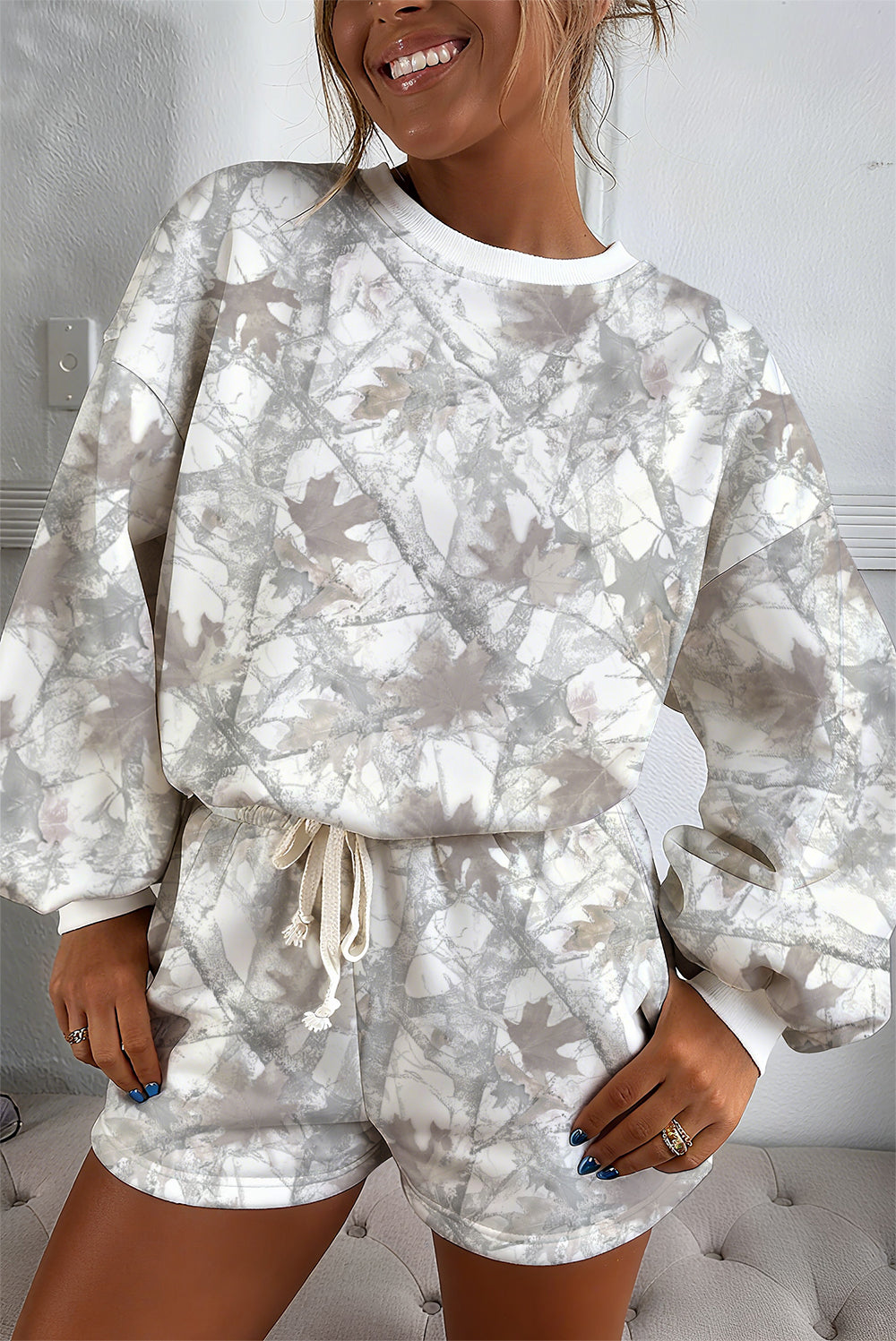 Light Grey Camouflage Print Round Neck Drop Sleeve Shorts Set