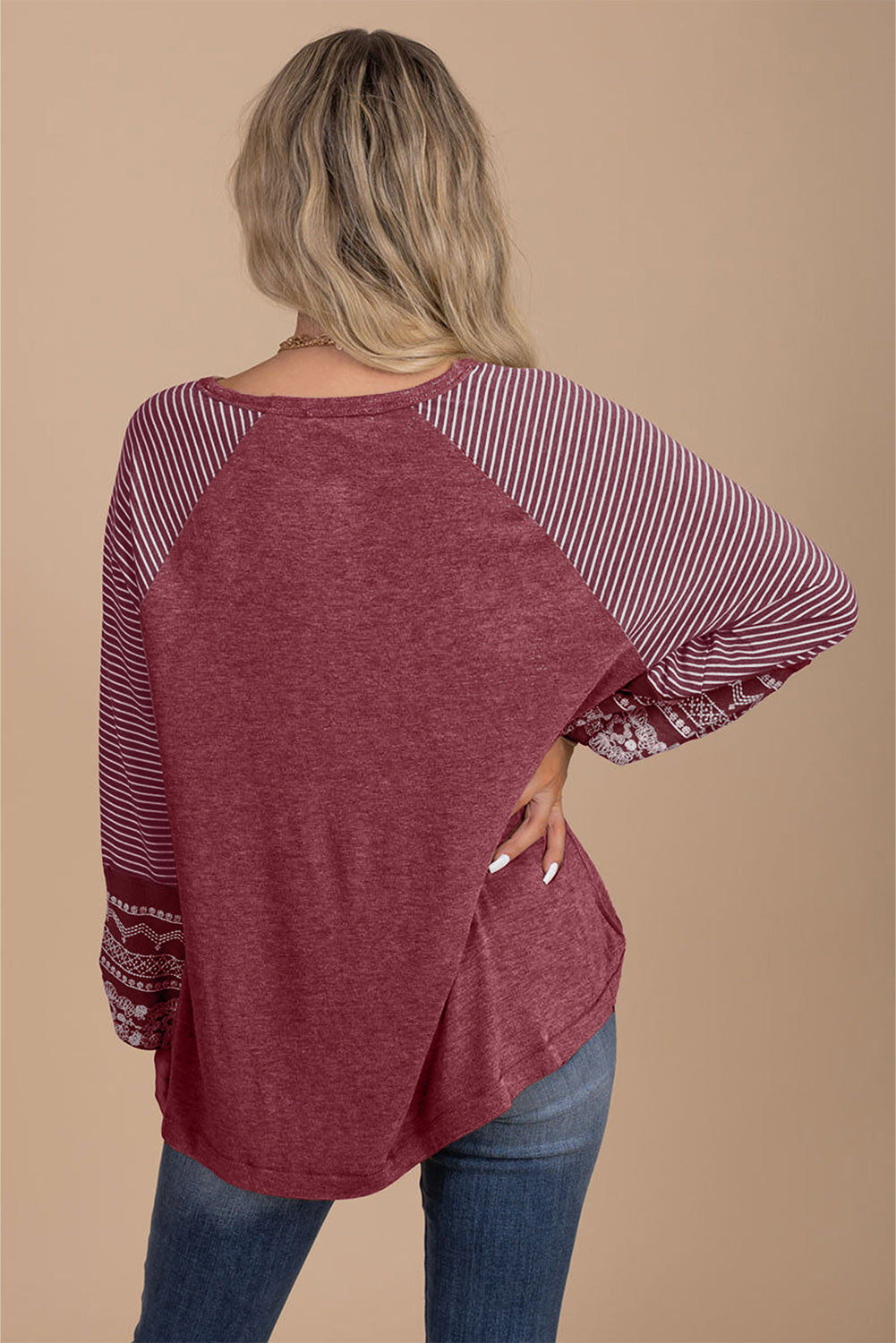 Medium Grey Contrast Print Striped Raglan Long Sleeve Loose Top