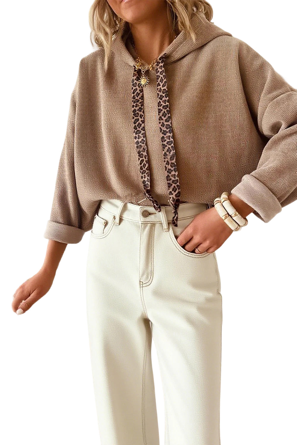 Sudadera holgada con cordón ajustable y textura de encaje térmico color rosa tostado