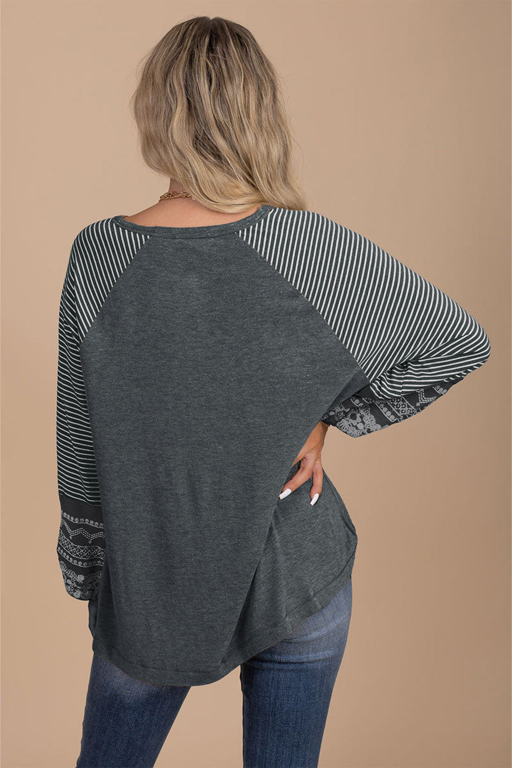 Medium Grey Contrast Print Striped Raglan Long Sleeve Loose Top