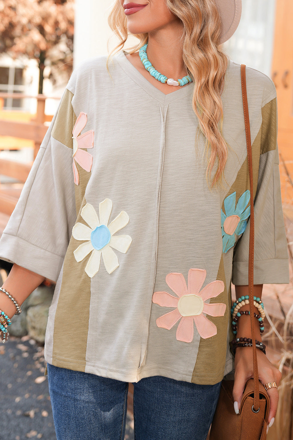 Light Blue Flower Patched Exposed Seam 3/4 Sleeve top