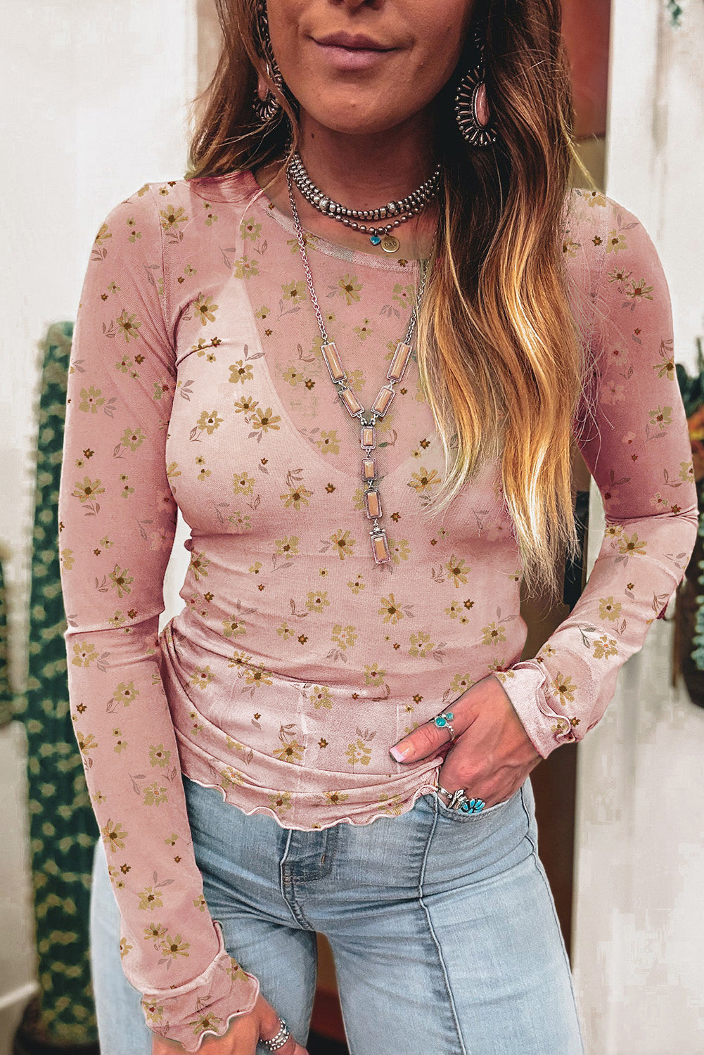 Top de manga larga ajustado de malla con estampado floral rosa