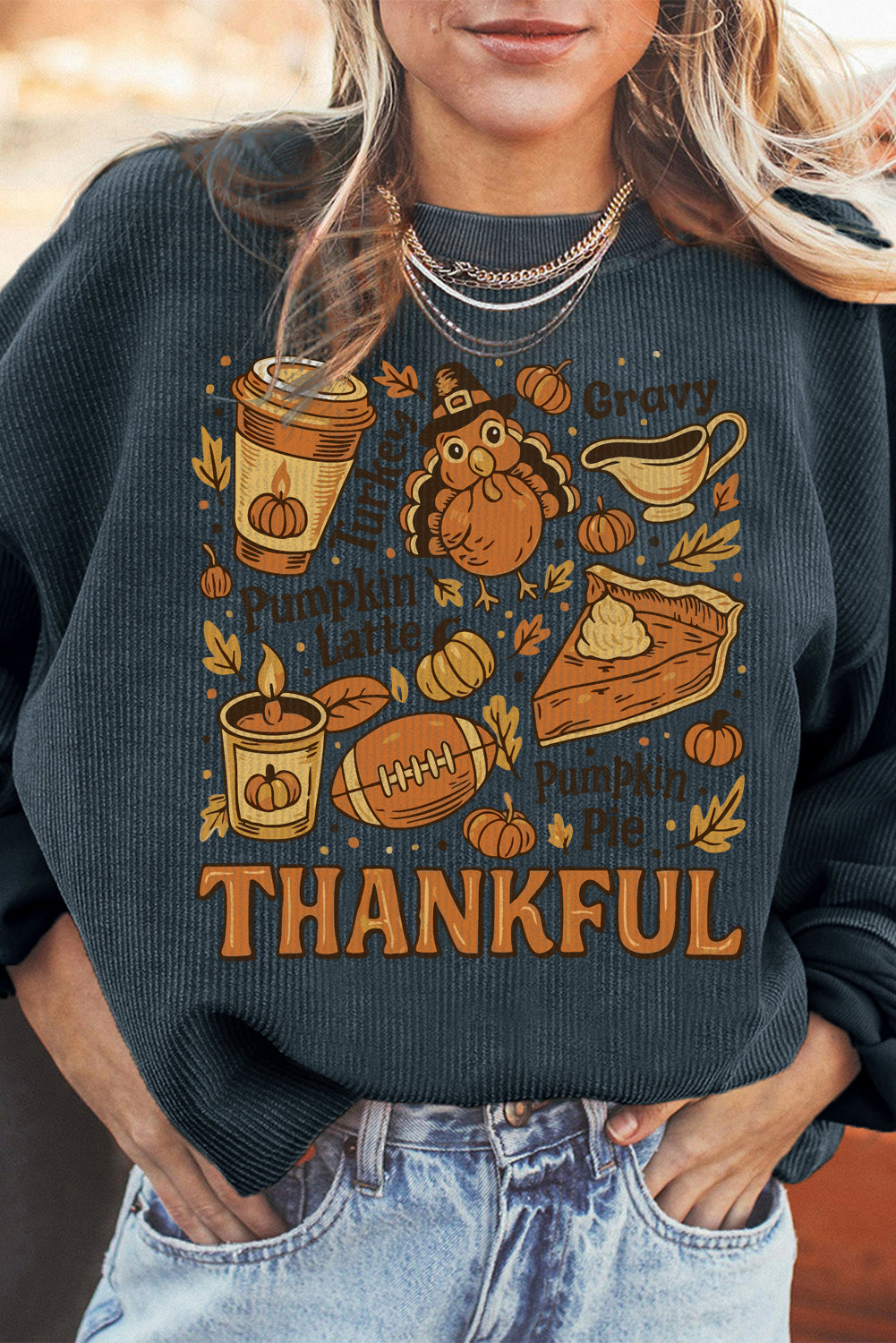 Dark Grey Twisted Ribbed THANKFUL Fall Fashion Heat Transfer Printing Baggy Sweatshirt