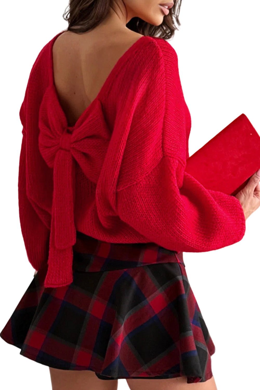 Fiery Red Festive Bow Backless Bubble Sleeve Sweater
