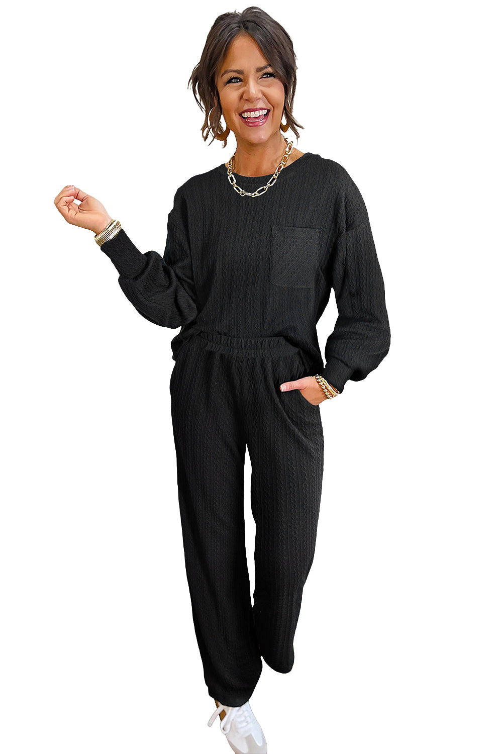 Black Textured Chest Pocket Drop Sleeve Top and Pants Set