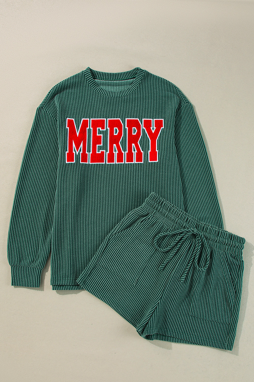 Racing Red Corded MERRY Long Sleeve Top and Shorts Pajama Set