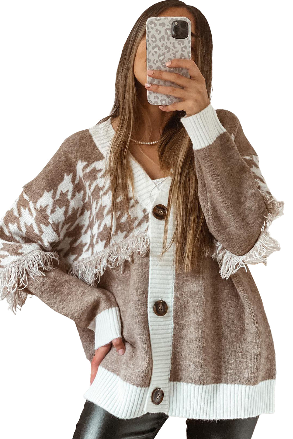 Khaki Houndstooth Colorblock V Neck Raw Edge Button Front Cardigan