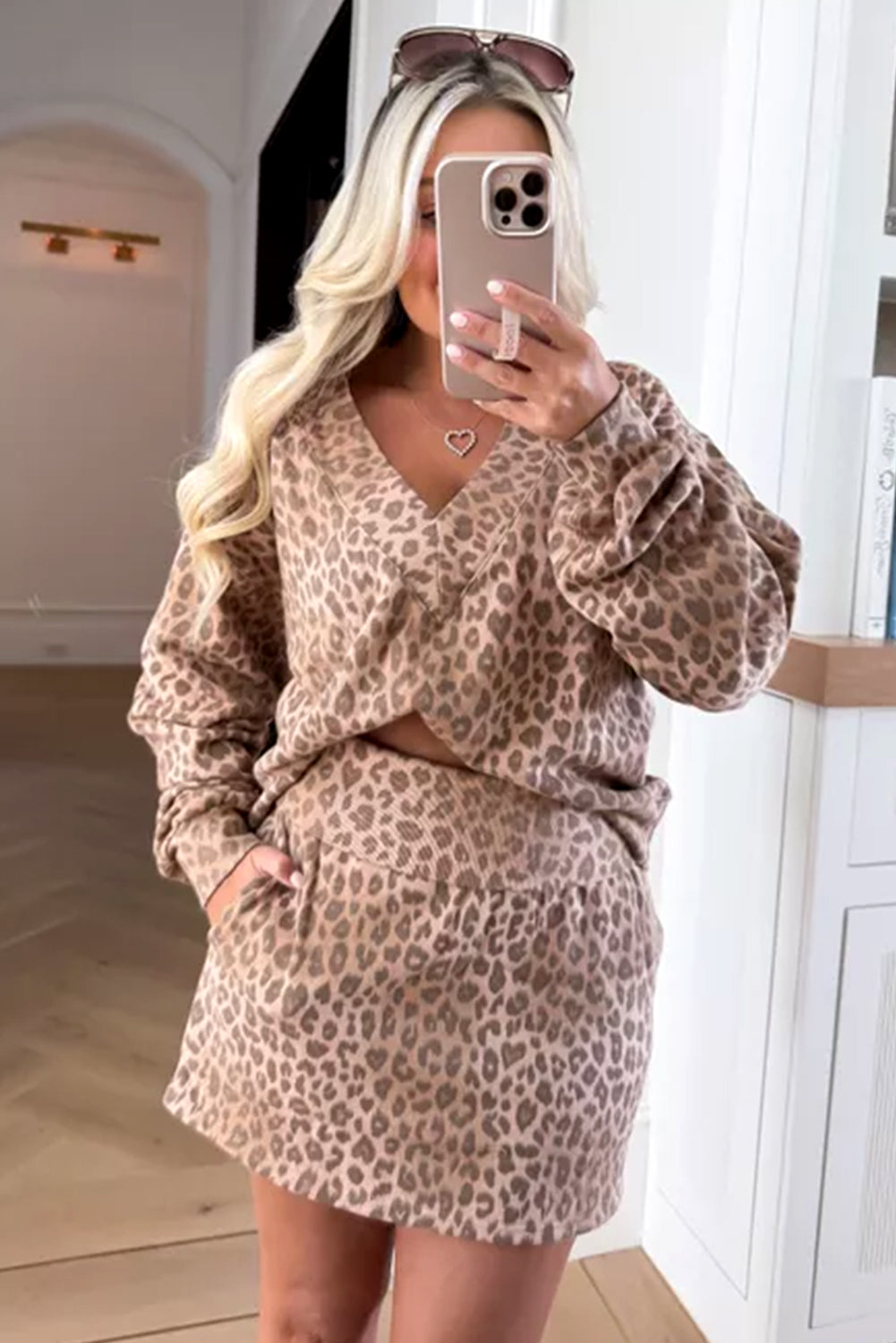 Light French Beige Leopard Pullover Mini Skirt Set