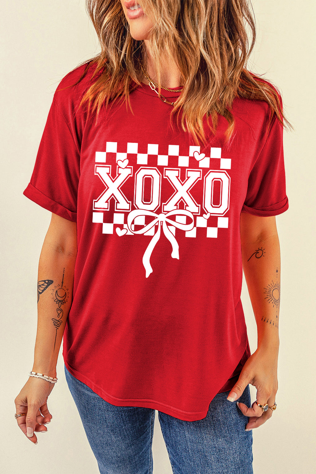 Red XOXO Checkered Ribbon Bow Print Valentines Day T Shirt