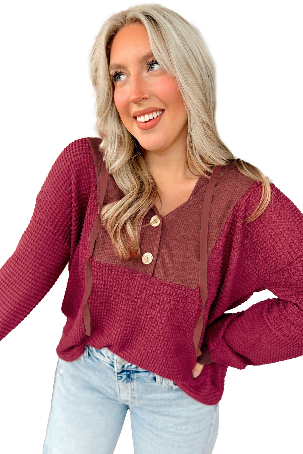 Racing Red Waffle Patchwork Drop Shoulder Hooded Long Sleeve Top