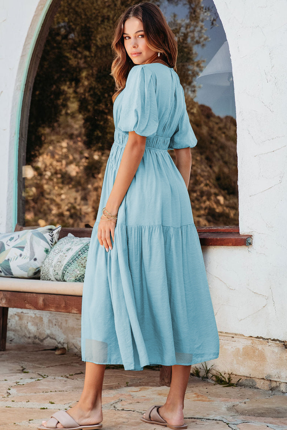 Light Blue Puff Sleeve High Waist Flowy Midi Dress