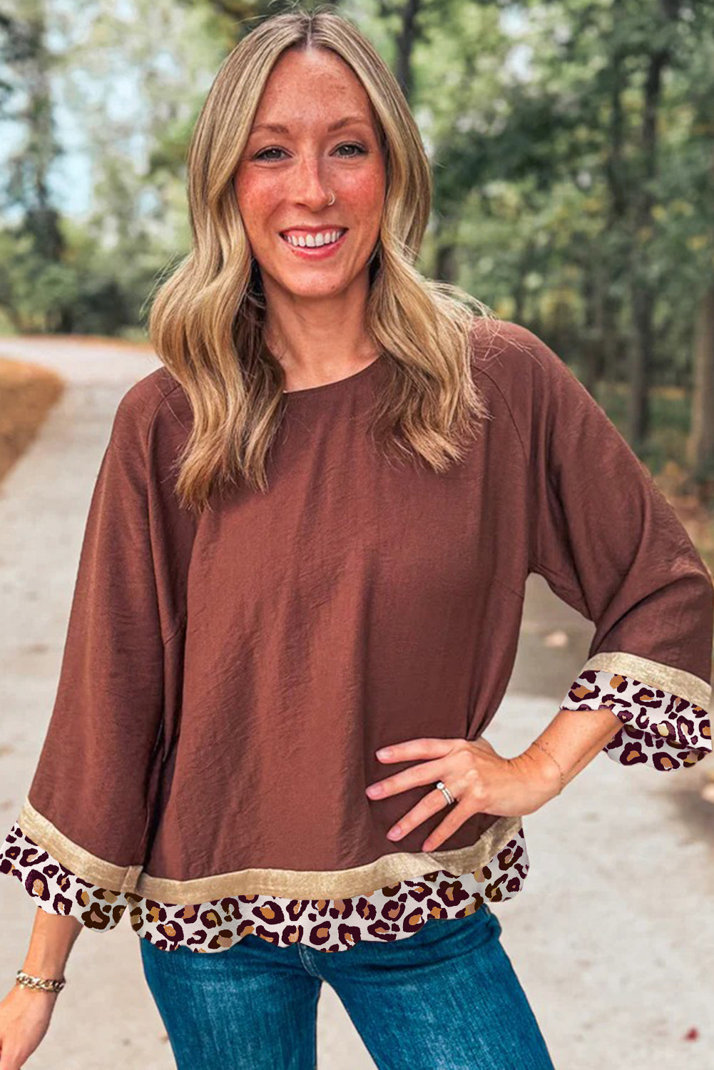 Clay Brown Leopard Detail Round Neck Long Sleeve Blouse