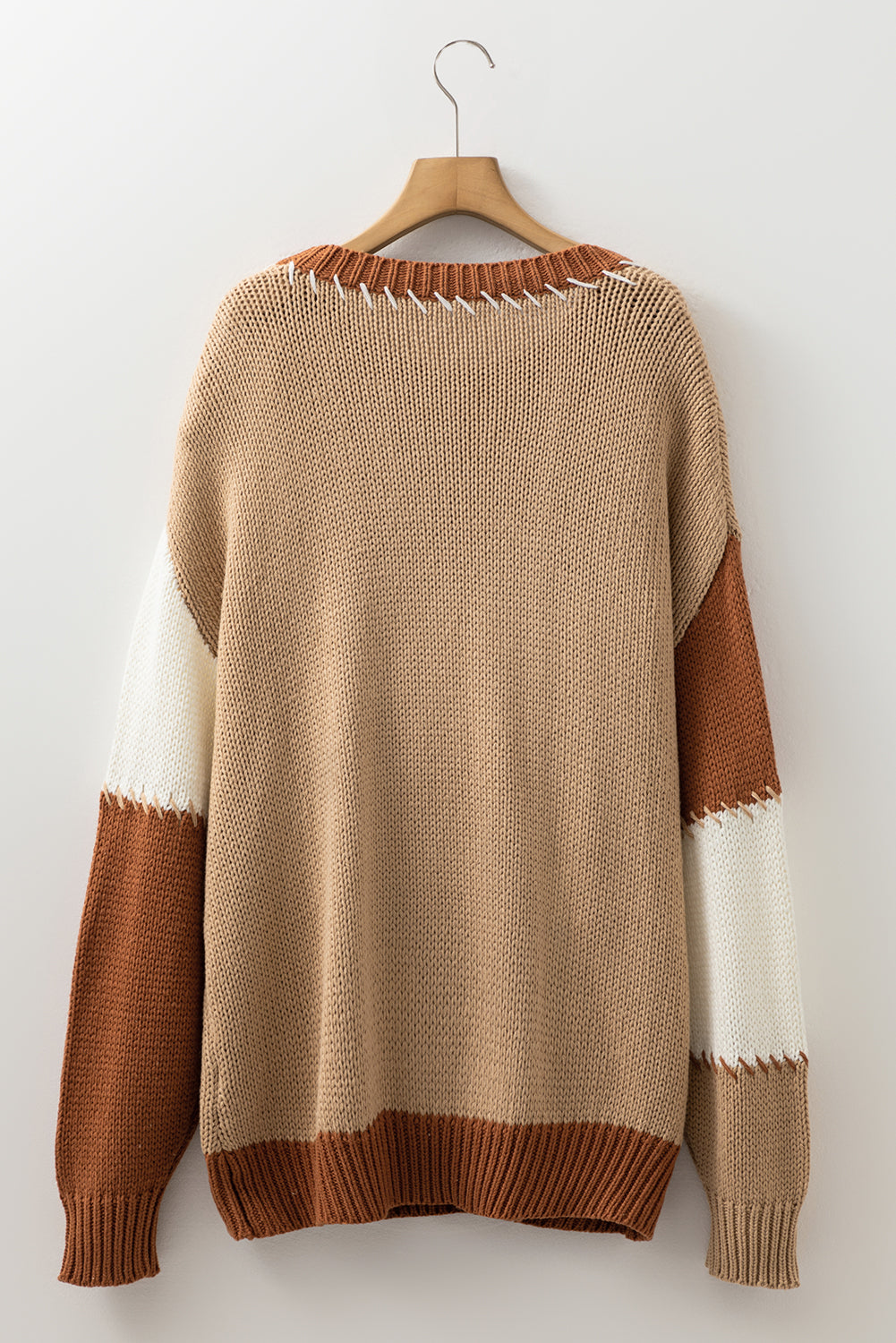 Light French Beige Contrast Stitch Detail Colorblock Knitted Plus Size Sweater