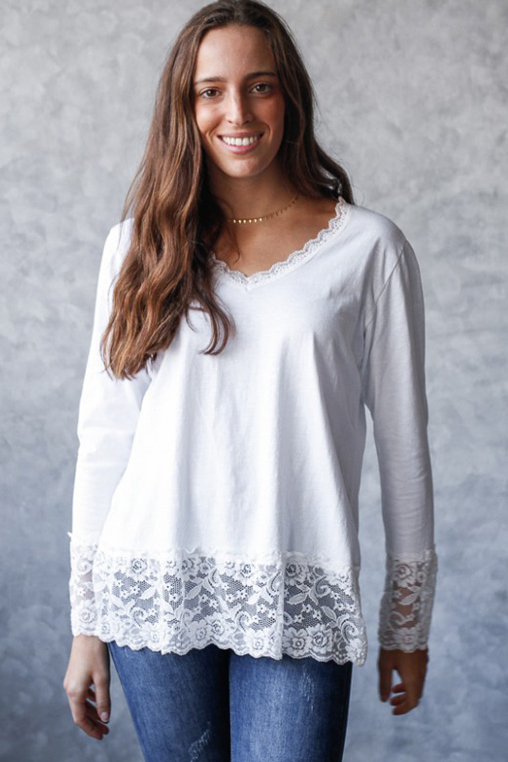 White Lace Trim V Neck Cuffed Long Sleeve Loose Top