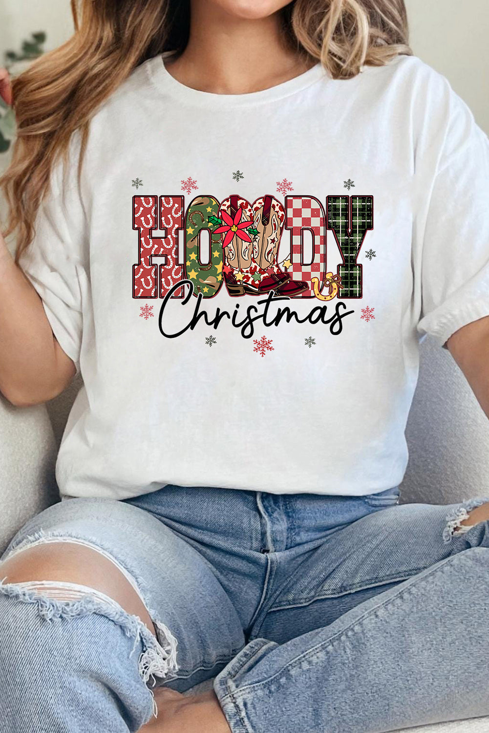 White Western HOWDY Christmas Festive Letter Printed Crew Neck T Shirt