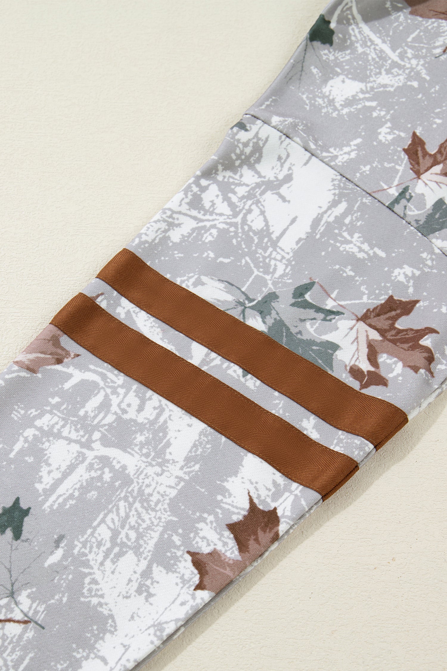 Gray Maple Leaf Camo Print Varsity Striped Sleeve Casual Sweatshirt