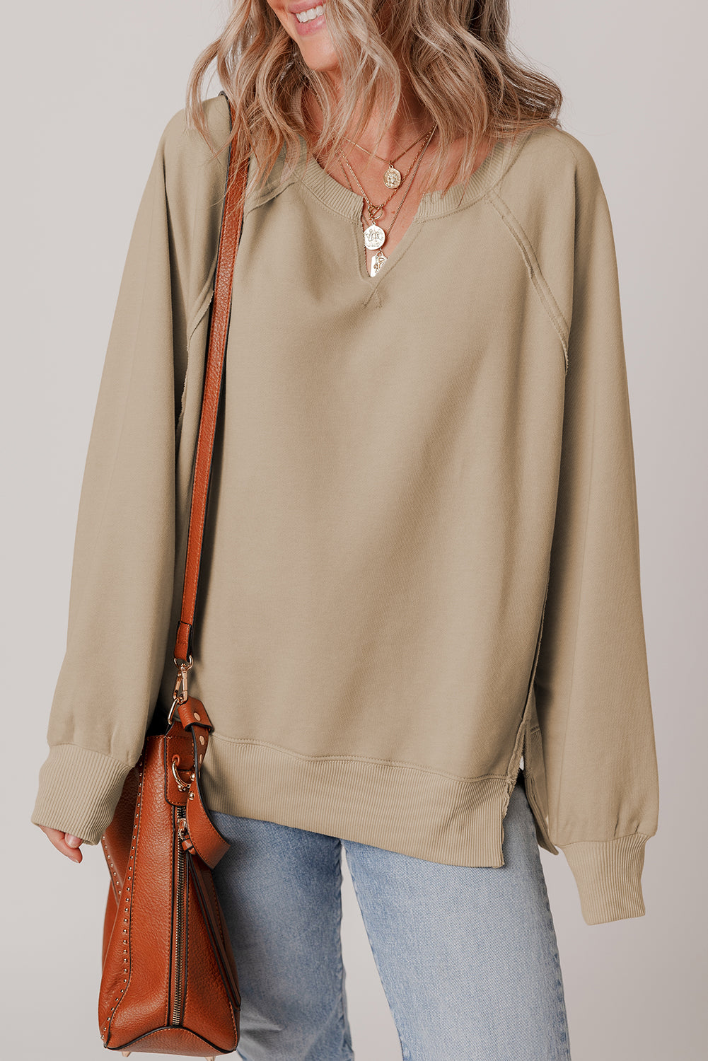 Parchment Raw Edge Exposed Seam Raglan Sleeve Side Slit Sweatshirt