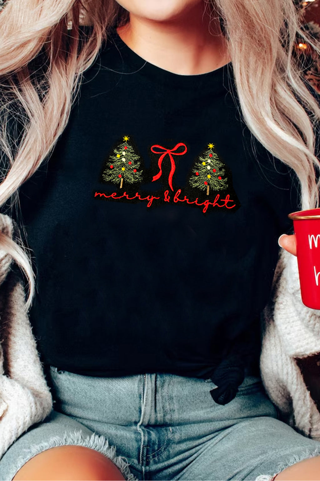 Black Christmas Tree merry & bright Ribbon Bow Embroidered Tee
