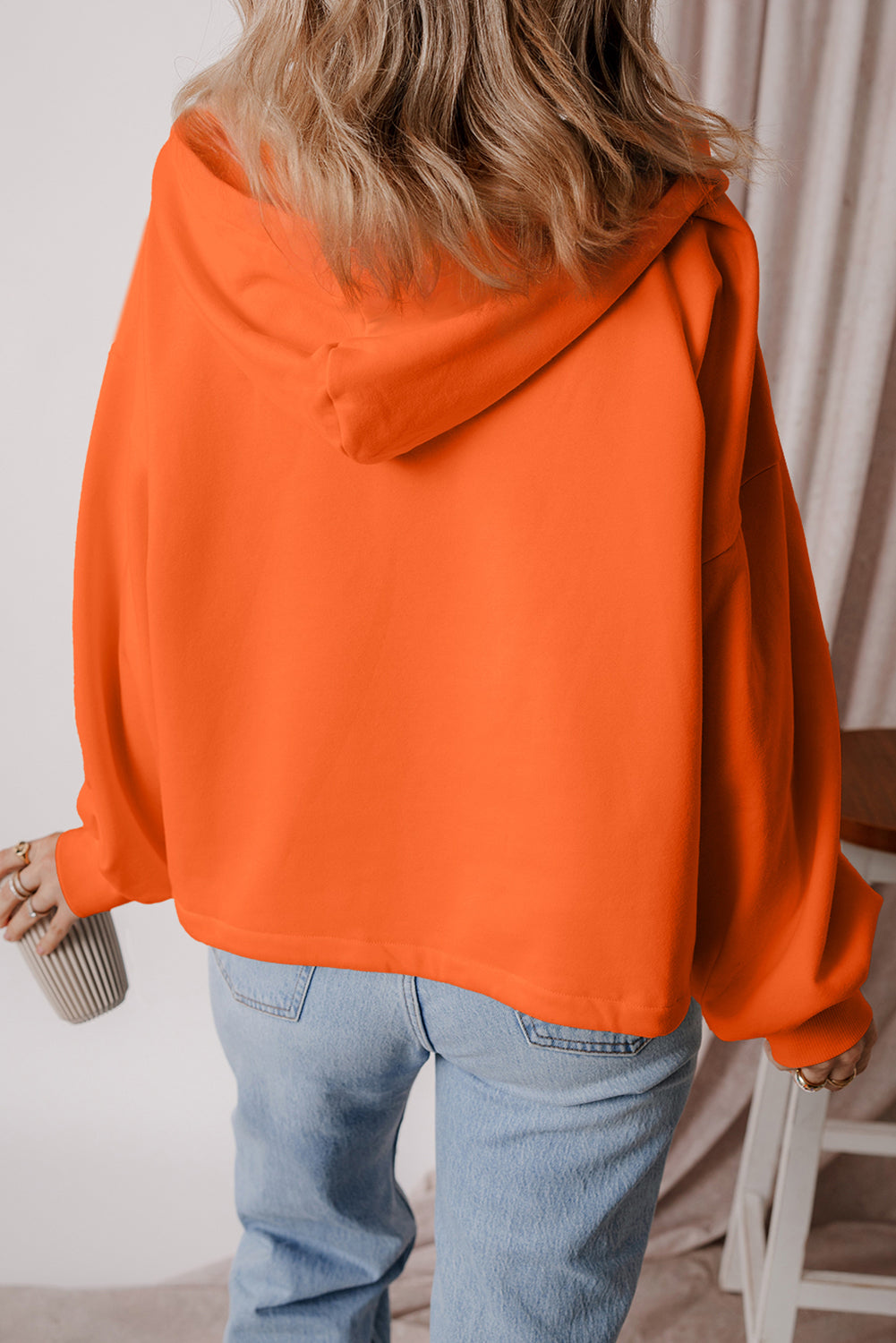 Orange Half Zipper Kangaroo Pockets Drop Shoulder Hoodie